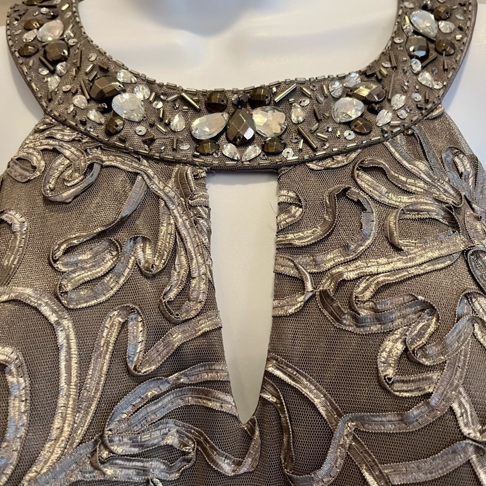 GRAY Ignite Evenings knee length dress, keyhole neck with rhinestones. Like new - Picture 3 of 5